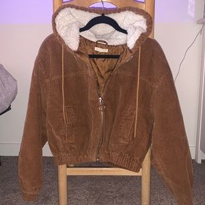 brown corduroy cropped jacket with fuzzy hoodie